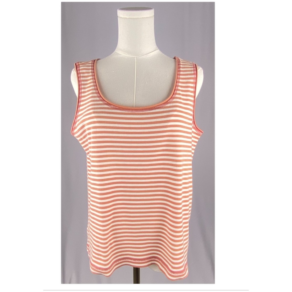 Chico's Striped Tank Top Womens L Coral White Scoop Neck Sleeveless Nautical‎